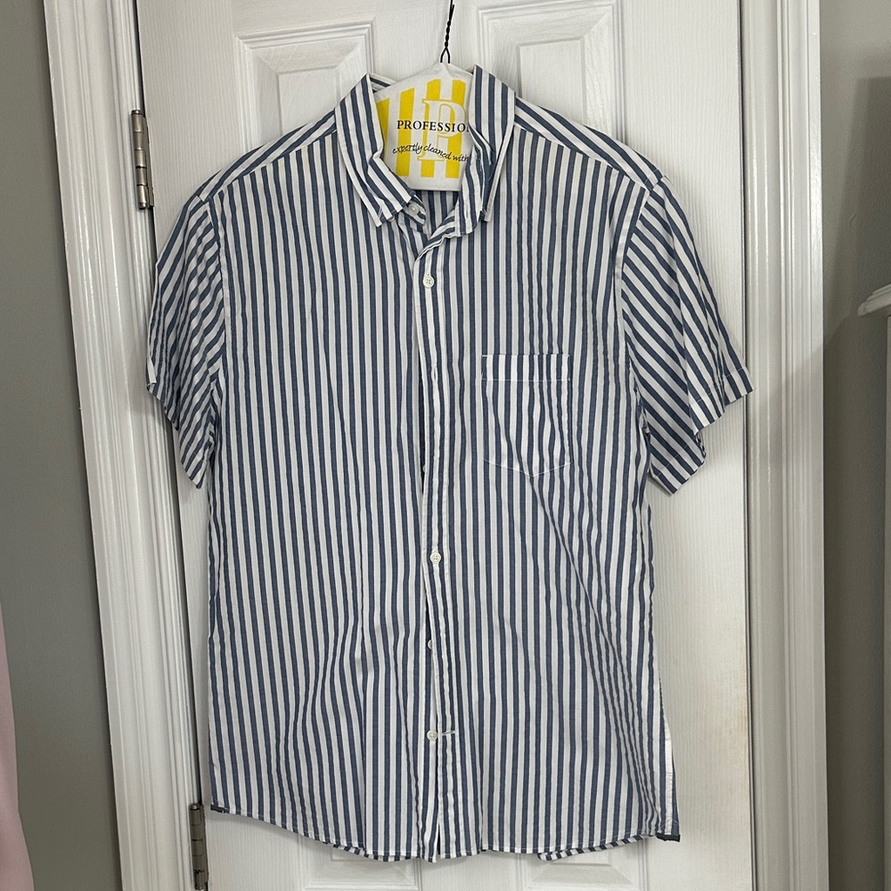 Express Blue and White Striped button down short sleeve shirt